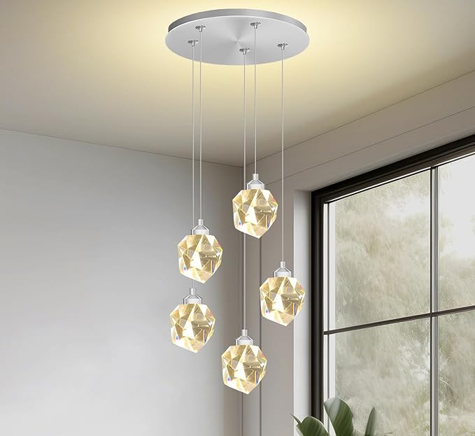 Modern LED Chrome Crystal Raindrop Chandeliers Adjustable Pendant Light for Kitchen Island 5-Light Dining Room Light Fixtures Over Table Dimmable 3000K-6000K