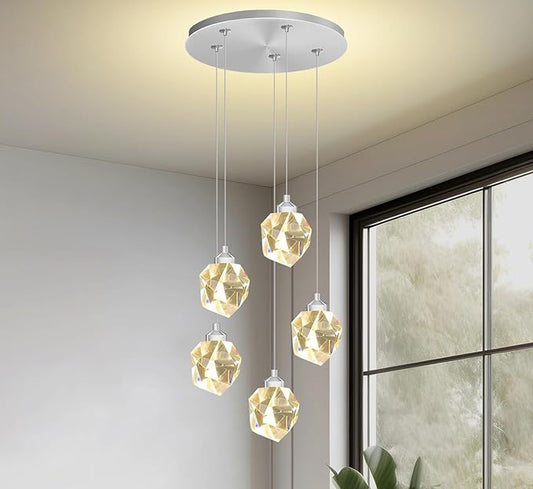 Modern LED Chrome Crystal Raindrop Chandeliers Adjustable Pendant Light for Kitchen Island 5-Light Dining Room Light Fixtures Over Table Dimmable 3000K-6000K