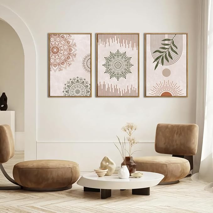 Anyzal Boho Wall Art Framed Large Abstract Geometric Line Paintings Mid-century Modern Plant Wall Decor for Bedroom Living Room Office 16x24 Inches 3 Piece