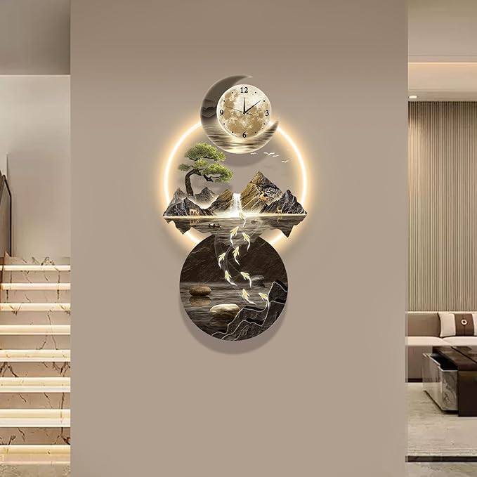 LED Light Art Wall Decor, 3D Art Wall Decor Clock, Decors Walls Sculptures with Lights, Modern Home Decors Landscape Walls Sculpture, Plug-in Power Supply, Gold G, 19x39IN