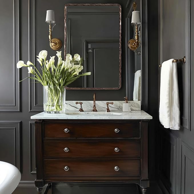 ANDY STAR Hand-Forged Bronze Bathroom Mirrors for Wall, 22x30 Inch Vintage Solid Steel Metal Frame Bathroom Vanity Mirror, Antique Rounded Rectangle Wall Mirror, Hangs Horizontally or Vertically