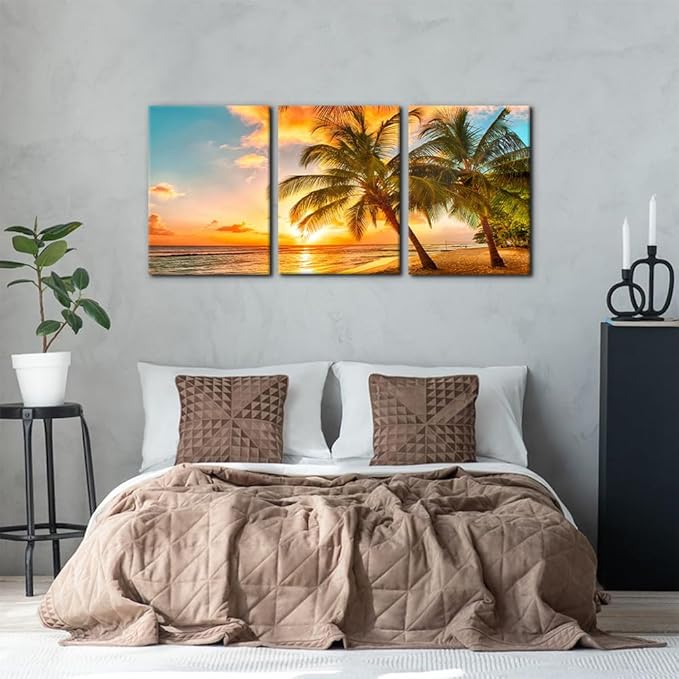 3 Panels Sea Landscape Modern Wall Art Ocean Sunset Canvas Prints Sea Beach Pictures Painting on Canvas Wall Art for Home Decor Gallery Wrapped Tropical Scenery Seascape Giclee Artwork - 20"x28"x3