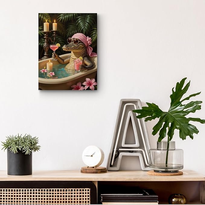 Crocodile Wall Art, 11.4x15in Funny Toilet Framed Art Paintings Wall Decor Unique Animal Lover Gifts Alligator Bathroom Picture for Living Room Bathroom Farmhouse Kitchen Decor