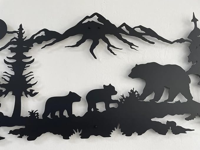 Metal Wall Art, Metal Bear Family Art, Tree Mountain Decoration, Nature Wall Decor, Wildlife Lover Gift, Wall Hangings (40"W x 17"H / 100x44cm)