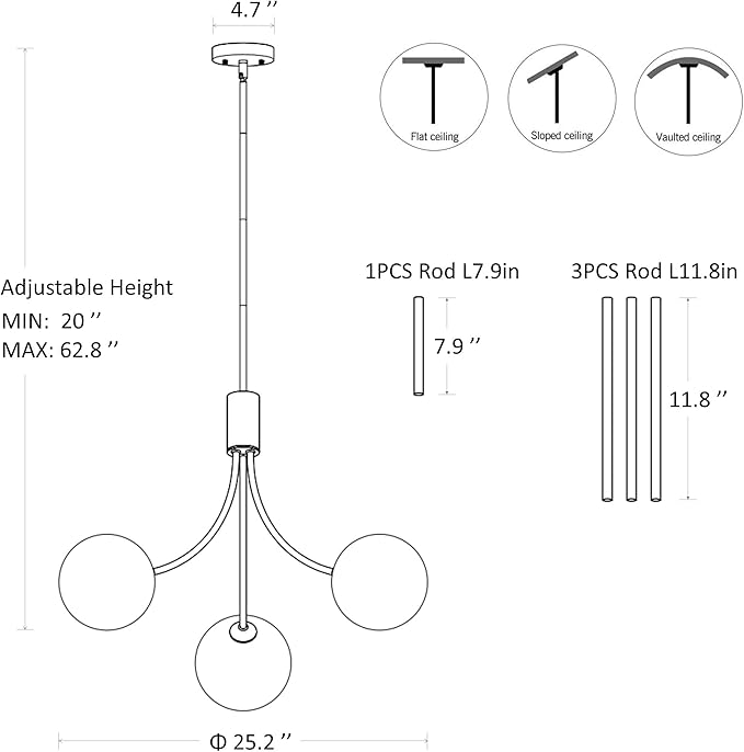 3-Light Brushed Nickel Chandelier Milk Globe Glass Pendant Lights Kitchen Island, Modern Sputnik Globe Chandeliers for Dining Room Entryway Hallway Foyer Bedroom Office Bathroom