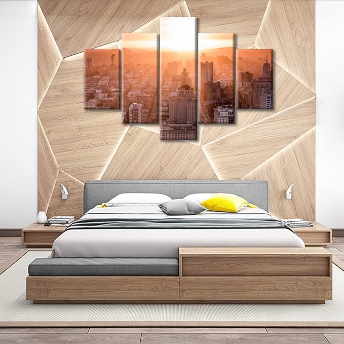 5 Pieces California Cityscape Home Decor Artwork Paintings Cityscape at Sunset Skyscraper Modern Artwork Print on Canvas Giclee Wooden Framed Gallery-Wrapped Ready to Hang (60" Wx40 H)