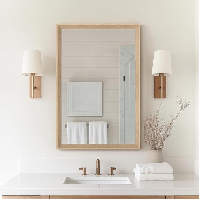 Oak Wood Effect Framed Wall Mirror, 20x30 Rectangle Mirror, 1/8" Anti-desilvering Tempered Glass, Sustainable& Sturdy Frame, Anti-Rust, HD Reflection &3min Fast Setup for Bathroom Living Room