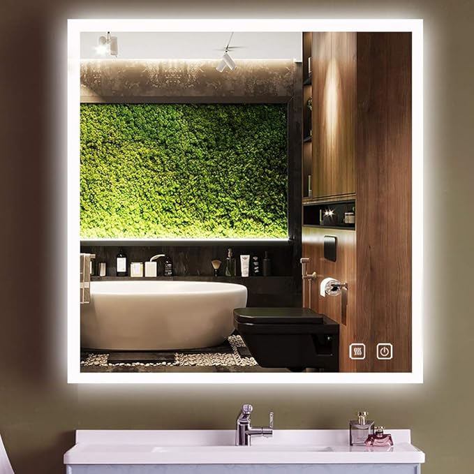 36 x 36 Inch Square Backlit LED Bathroom Mirror Anti-Fog 3 Color Adjustable Brightness Backlit Frameless Lighted Mirror for Bathroom Wall 36in Square Smart Light up LED Bathroom Mirrors
