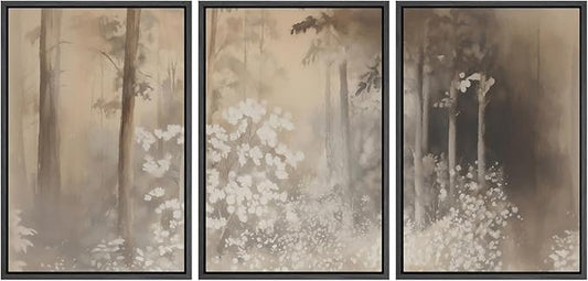 MUDECOR Framed Wall Art Print Set Neutral Forest Landscape Beige and Gray Watercolor Illustrations Realism Decorative for Living Room, Bedroom, Office - 24"x36"x3 Black