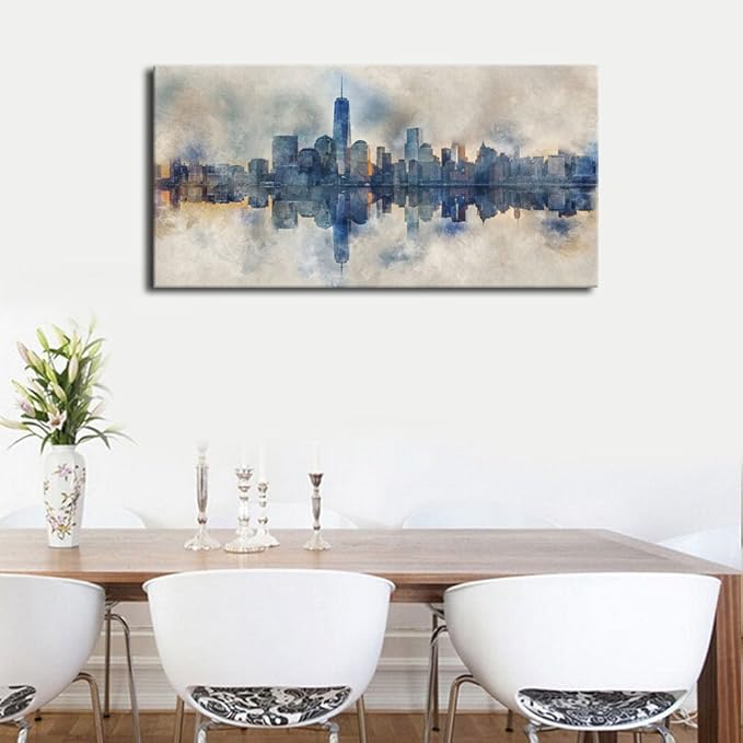 New York City Canvas Wall Art Navy Blue Pictures Abstract Paining City Reflection in Water Canvas Print Modern City Skyline Canvas Artwork for Living Room Bedroom Office Wall Decor 24" x 48"