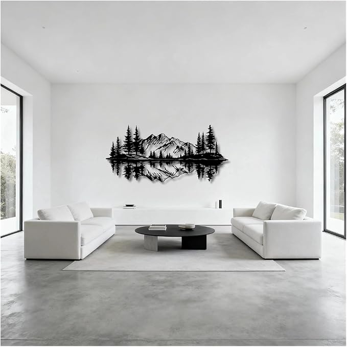 Mountain View Metal Wall Art,Nature Landscape Home Decor with Reflection,Black Iron Sculpture for Bedroom Garden Living Room Outdoor Office(Black,30 x14 in/76x35 cm)
