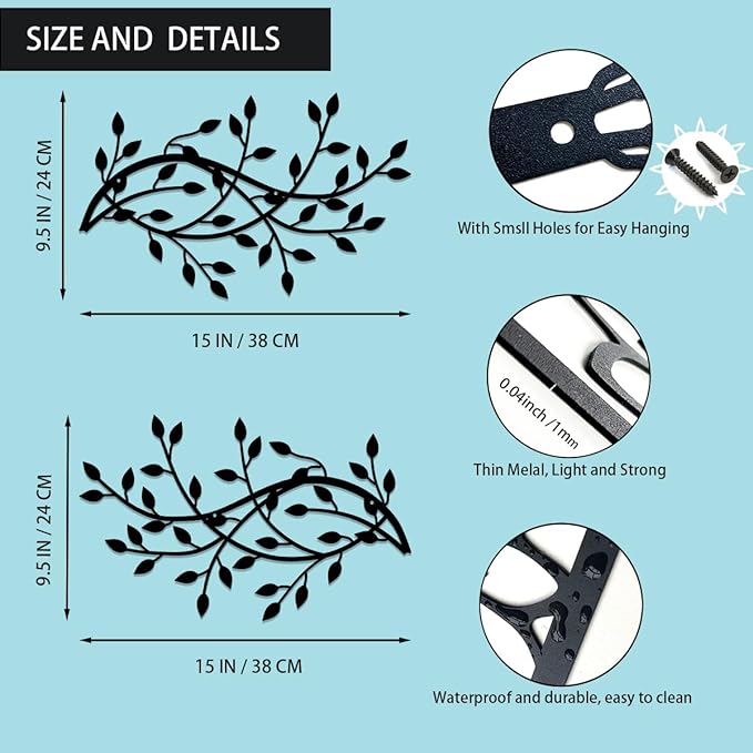2 Pieces Metal Tree Leaf Wall Decor Vine Olive Branch Leaf Wall Art Wrought Iron Scroll Sculptures Home Decor Above The Bed,Branches Hanging Wall Decor for Livingroom and Outdoor(Black)