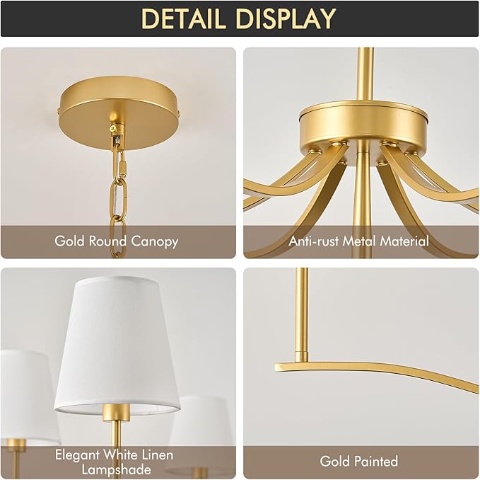 6 Light Brass Gold Chandelier with White Fabric Shade 44'' Linen Dining Room Chandeliers Over Table Kitchen Chandeliers Light Fixture for Living Room Bedroom Entryway Home Office