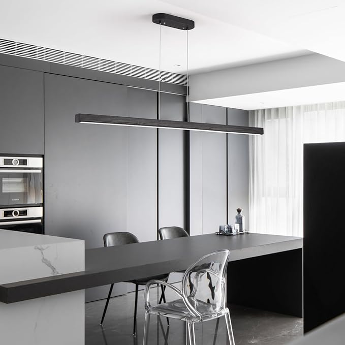 71" Black Linear Pendant Light Wooden Led Linear Pendant Light Fixtures Ceiling Hanging Dimmable Pendant Lights for Dining Room Kitchen Island Pool Table Lights Black Wood Finish