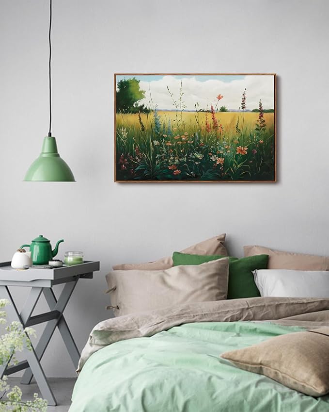 KISSFOX Vintage Wildflower Field Landscape Framed Wall Art Summer Countryside Meadow Canvas Art Farmhouse Rustic Paintings Artwork Nature Serene Art Prints For Kitchen Living room Bedroom