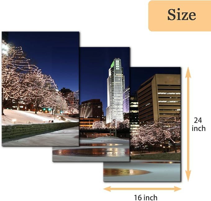 Pacimo Canvas Wall Art Decor Omaha Cityscape Modern Artwork for Wall Painting City Skyline Night View Pictures Gallery Wrapped Posters and Prints Stretch and Framed Ready to Hang - 16"x24"x3 Panels