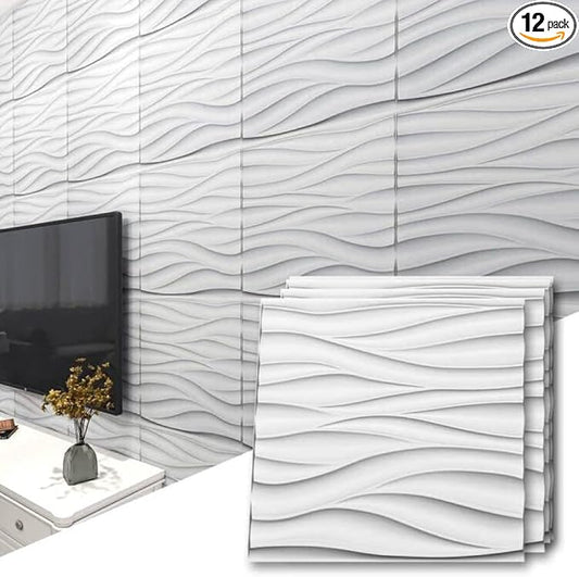 Art3d 19.7" x 19.7" (Pack Of 12) Wall Panel Wavy, White