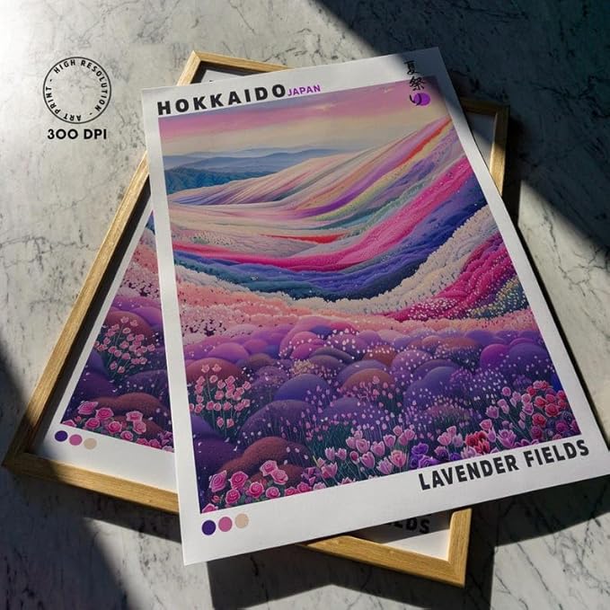 Nationcog Hokkaido Lavender Fields Poster, Japanese Wall Art Print, Colorful Landscape Artwork, Japandi Asian Style Home Decor for Bedroom, Living Room or Modern Interior (Unframed) (24x36)
