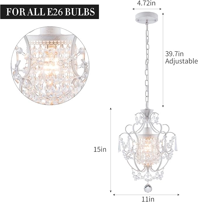Modern Mini Chandelier,White Retro Crystal Light Fixtures Ceiling Mount 1 Light Small Crystal Chandeliers for Bedroom Elegant Hanging Lighting for Girls Room Dining Room Closet Kitchen Island