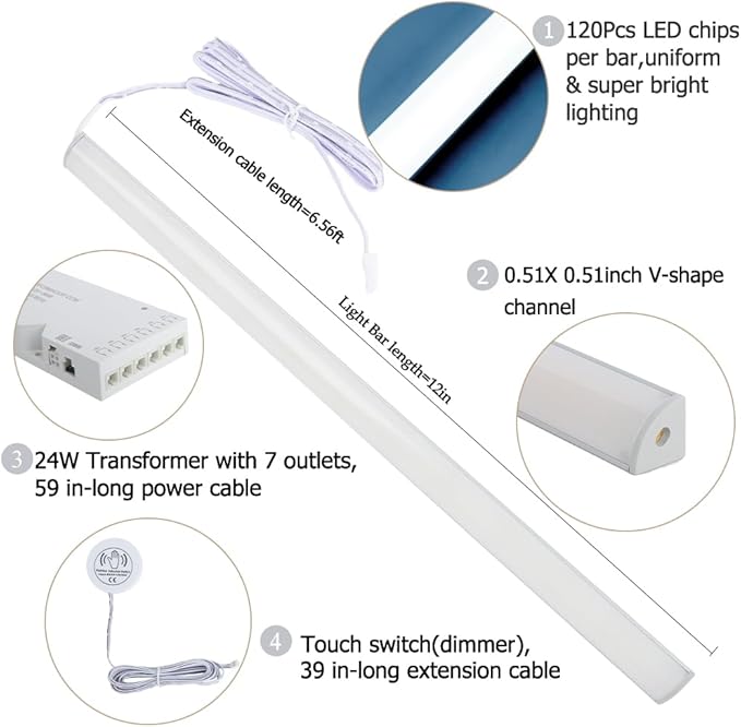 12" V-Shape Diffused LED Strip Light Bars Kit,Aluminum Channel Lights with Touch Sensor for Under Cabinet,Gun Safe,Closet,Under Counter,Book Shelf,Display Showcase,6000K White,6Pack