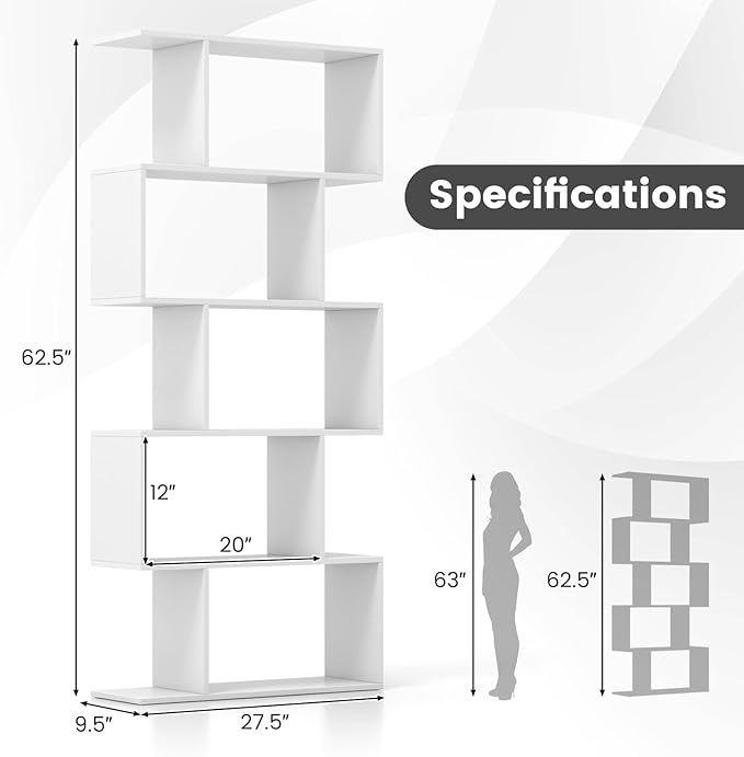 5 Tier Geometric Bookcase, S Shaped Bookshelf, Modern Decorative Storage Shelving, Wooden Room Divider Bookcase, 62.5" Tall Staggered Display Book Shelf for Living Room (1, White)