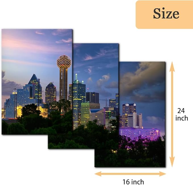 Pacimo Canvas Art Wall Decor Dallas City Skyline Pictures Landscape Painting Prints Texas Cityscape Modern Artwork Decoration for Home Decor Stretch and Framed Ready to Hang - 16"x24"x3 Panels