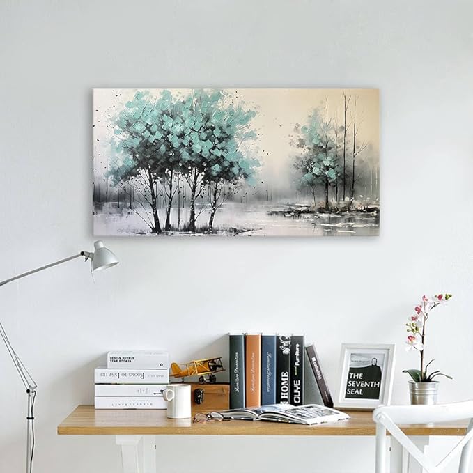 BYXART Abstract Blue Tree Wall Art Indigo Picture Forest Canvas Nature Painting for Home Decor Landscape Print Artwork Modern Textured Wrapped Artwork for Bathroom Living Room Bedroom Office 40L x20W