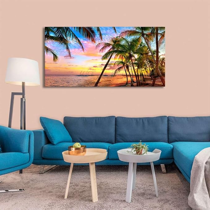 BYXART Canvas Art Wall Decor for Living Room Seascape Tropical Palm Tree Sunset Artwork Bedroom Ocean Beach Paintings for Bathroom Home Office Dining Decorations 40L x 20W