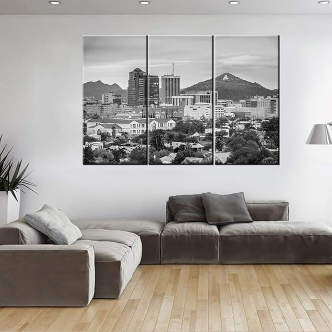 Black and White City Landscape Wall Art Tucson, Arizona, USA Downtown Skyline with Sentinel Peak Canvas Prints Picture 3 Piece Modern Romantic Themed Artwork for Bedroom Bathroom Photo Wall Display