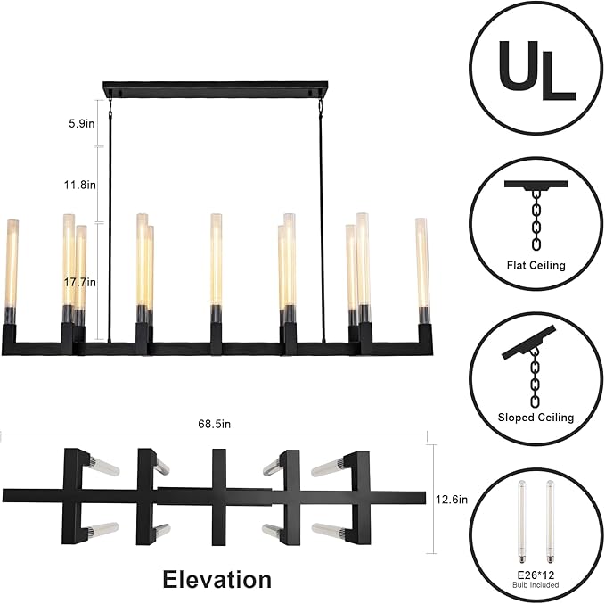68-Inch 12-Light Black Modern Chandelier with Knurled Glass Tube Shades, Rectangular Luxury Ceiling Pendant Light Fixture for Dining Room, Living Room, or Foyer.
