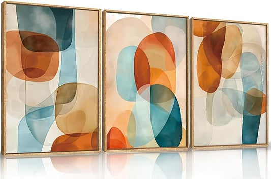 Large Abstract Color Block Framed Canvas Wall Art,Boho Orange and Blue Ovals Wall Decor,Modern Colorful Shape Artwork,Watercolor Geometric Art Print for Living Room,Bedroom,Office- 24"x36"x3