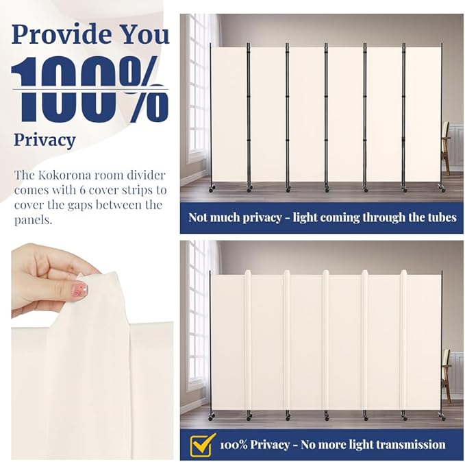 Kokorona 6 Panel Room Divider, 6FT Tall Rolling Privacy Screen with Lockable Wheels, Folding Wall Dividers Portable Room Divider for Room Separation, Included - Cover Strips, Beige, 119''W x 70''H