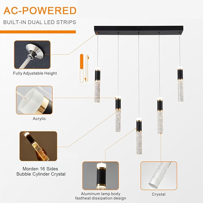 5-Light Modern LED Chandelier,Dimmable Hanging LED Pendant Light for Kitchen Dining Room Bedroom Kitchen Island Cafe