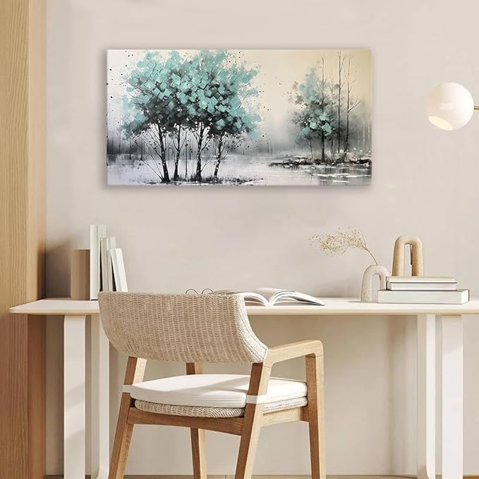 BYXART Abstract Blue Tree Wall Art Indigo Picture Forest Canvas Nature Painting for Home Decor Landscape Print Artwork Modern Textured Wrapped Artwork for Bathroom Living Room Bedroom Office 40L x20W