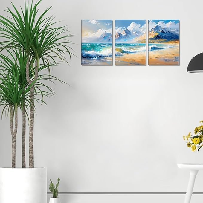MAMAGO 3 Panels Blue Ocean Canvas Wall Decor Oil Painting Style Ocean Waves Print Picture Abstract Seascape Artwork for Living Room Bedroom Bathroom Modern Wall Art Framed Easy to Hang-12”x16”x3pcs