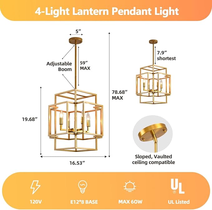 4-Light Modern Gold Chandelier, Farmhouse Dining Room Light Fixture, Industrial Ceiling Foyer Lighting Fixtures, for Kitchen Island Staircase Hallway Entryway