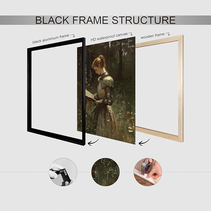 Lady Knight Reading In The Forest Wall Art, Woman Knight Oil Painting, Medieval Fantasy Poster Canvas, Dark Academia Wildflower Field Picture, Reading Wall Art for Bedroom 24x36in Framed