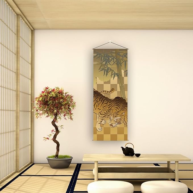 Japanese Tapestry Wall Art Scroll - Feng Shui & Lucky Symbols | W15.7xH47.2", Extra Long Vertical Hanging Decor for Bedroom, Living Room, Office Tiger CTT-10