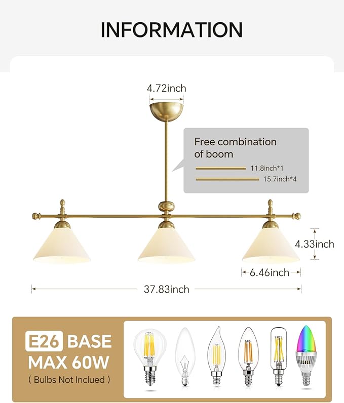 Linear Chandelier, Modern Chandelier for Dining Room Light Fixture, Dining Light Fixtures with Milk Glass Shade Pendant Lights Kitchen Island for Restaurant, Living Room (Gold, 3-Lights)