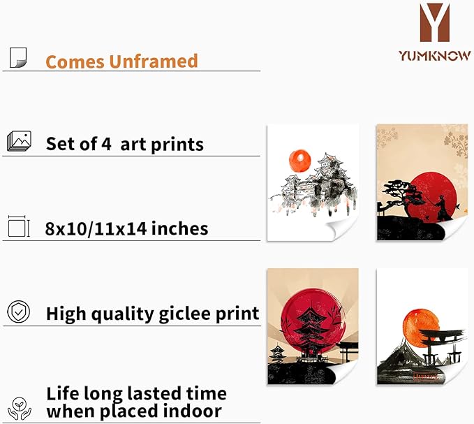 YUMKNOW Japanese Art Wall Decor - Unframed 8x10 Set of 4, Modern Minimalist Asian Oriental Decor for Living Room, Samurai Armor Warriors Prints Posters for Bedroom, Japan Red White Art Office Gifts
