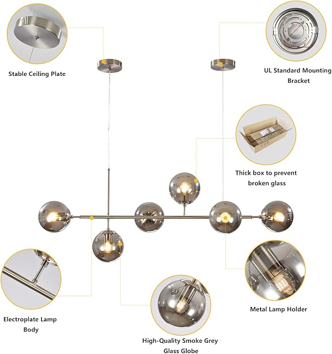 KCO Modern 6-Light Ceiling Pendant Lighting Mid-Century Glass Globes Sputnik Pendant Lamp Hanging Adjustable Chandelier for Kitchen Island Living Dining Room (Silver+Smoke Grey)