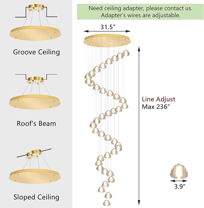 236'' Long Large Crystal Chandeliers LED Chandeliers for High Ceiling Handing Light Fixture for Entrance Hallway Foyer Staircase Lobby Gold