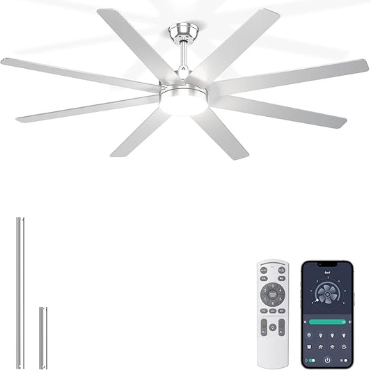 72'' Silver Ceiling Fans with Lights, 8 Blades Large Ceiling Fan Remote/APP Control, Dimmable, Silent Big Ceiling Fan for Indoor/Covered Outdoor