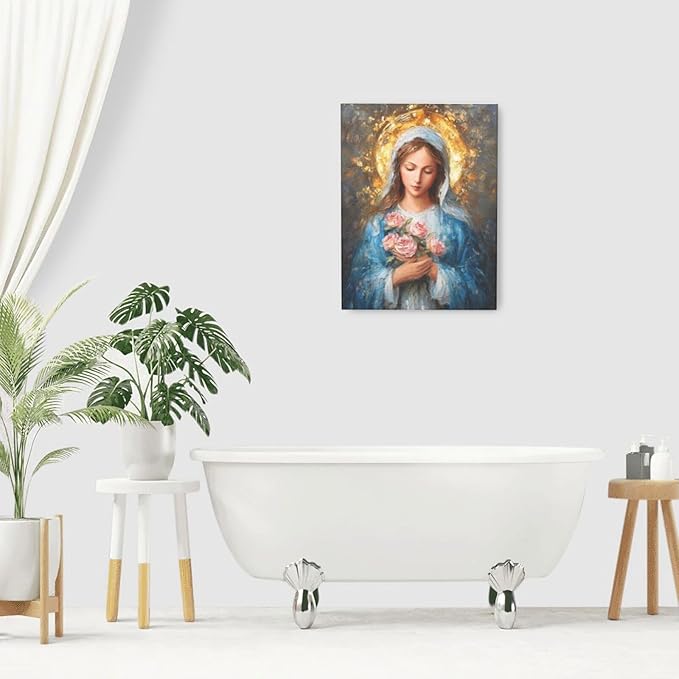 Christian Mary Wall Art Mary Mother Of God Canvas Wall Decor Catholic Blessed Mother with Roses Pictures Christ Paintings Prints Religious Bible Artwork Framed Decorations For Church Prayer Room Chapel Bathroom Bedroom Living Room Gifts 12" x 16"