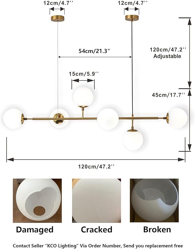 KCO Lighting Modern Globe Linear Chandelier 6 Light Milk Glass Chandeliers White and Gold Pendant Light Fixture Mid Century Rectangle Chandelier Brass Sputnik Island Lights for Kitchen