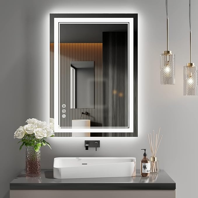 LED Mirror 20"x28" with Front and Backlit,Dimmable LED Lighted Vanity Mirror Bathrooom Wall,Memory Shatterproof Anti Fog Mirror for Bathroom