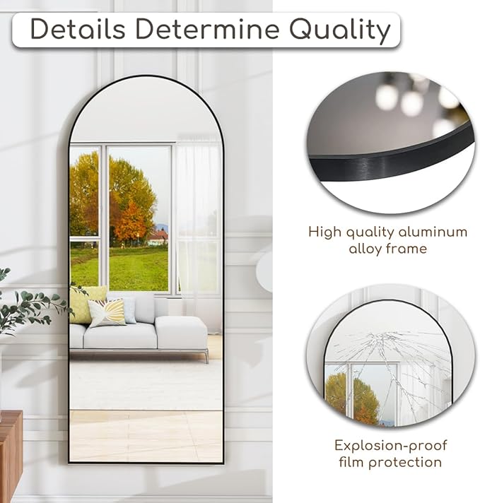 Arched Full Length Mirror, 65"x21" Gold Mirror with Stand, Full Body Mirrors for Leaning Against or Wall Mounted, Large Floor Mirrors for Bedroom, Living Room, Black