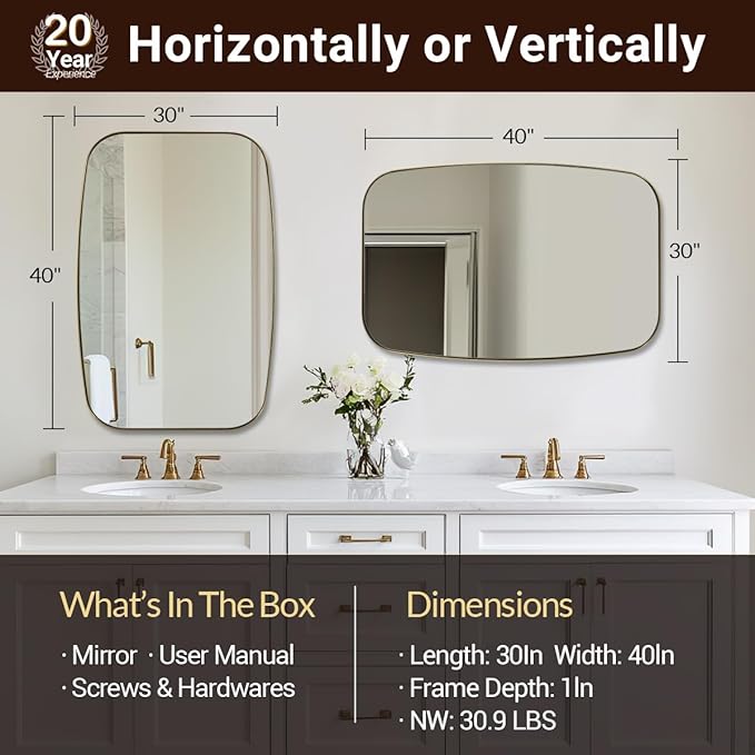 ANDY STAR 30x40” Gold Bathroom Mirror, Oblong Brass Mirror with Stainless Steel Metal Frame, Brushed Gold Oval Vanity Mirror for Over Sink, Modern Anti Rust Wall Mounted