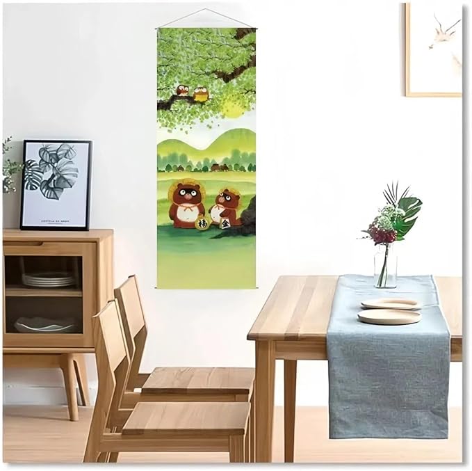 Japanese Tapestry Wall Art - Good Fortune Feng Shui & Lucky Symbols | W15.7xH47.2", Extra Long Vertical Hanging Decor for Bedroom, Living Room, Office | Washable Fabric (Lucky Raccoon) CTT-135