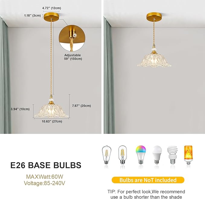 1 Piece Vintage Chandelier Light Fixtures with Crystal Glass Shade,Matte Brass Finish Pendant Light for Kitchen Island, Hanging Light Fixture for Dining Room, Hallway, Living Room, Bedroom